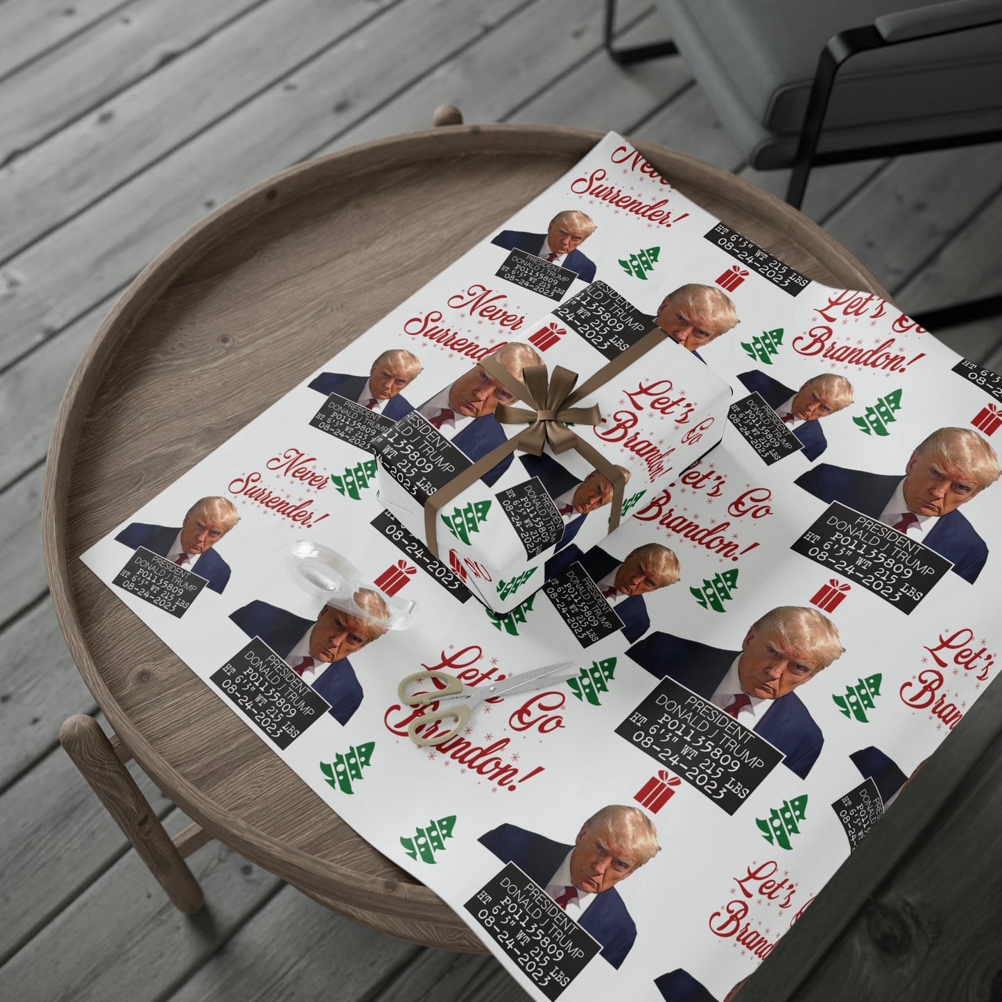 The Trump Mugshot Gift Wrap - Let's Go Brandon Gift Wrap - Santa Trump 2024 Never Surrender Trump Christmas Wrapping Paper Trump MAGA Gift