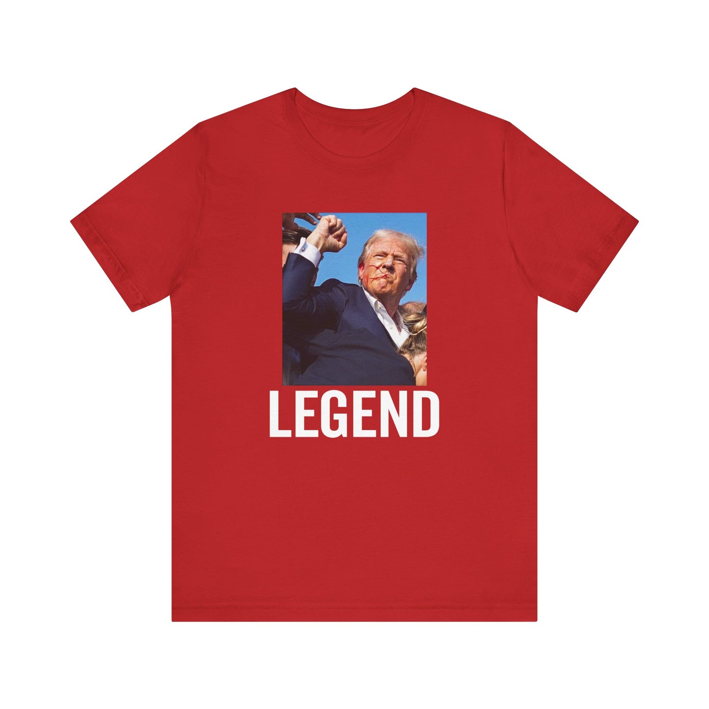 Trump the Legend 2024 Shot Picture Shirt Bella Canvas 3001 Unisex T-Shirt Vote Trump King Trump Fist Photo Pro Trump Never Surrender Shirt