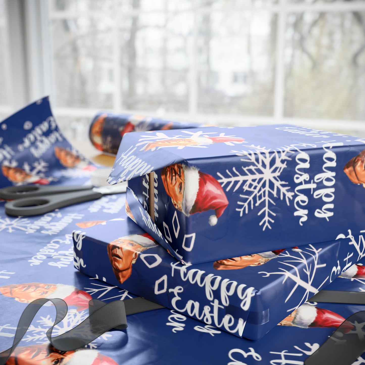 Comically Confused Biden Christmas Blue Wrapping Paper Happy Easter - Santa Biden - Let's Go Brandon Pro Trump Wrapping Paper