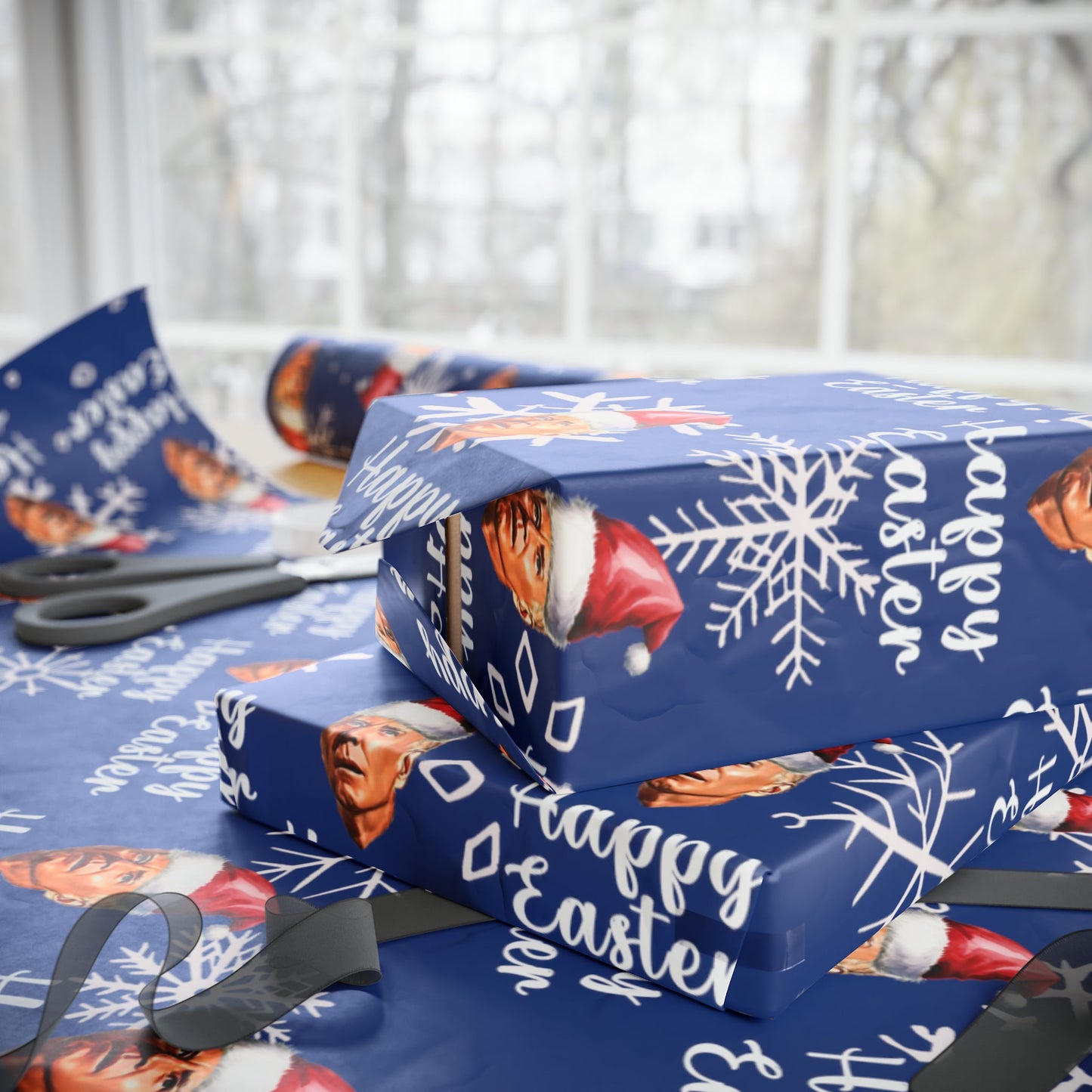 Comically Confused Biden Christmas Blue Wrapping Paper Happy Easter - Santa Biden - Let's Go Brandon Pro Trump Wrapping Paper