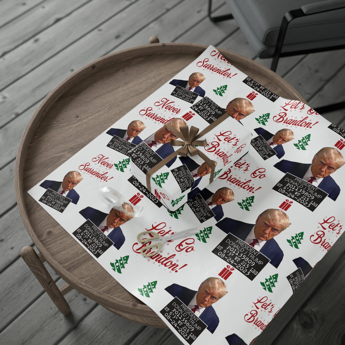 The Trump Mugshot Gift Wrap - Let's Go Brandon Gift Wrap - Santa Trump 2024 Never Surrender Trump Christmas Wrapping Paper Trump MAGA Gift