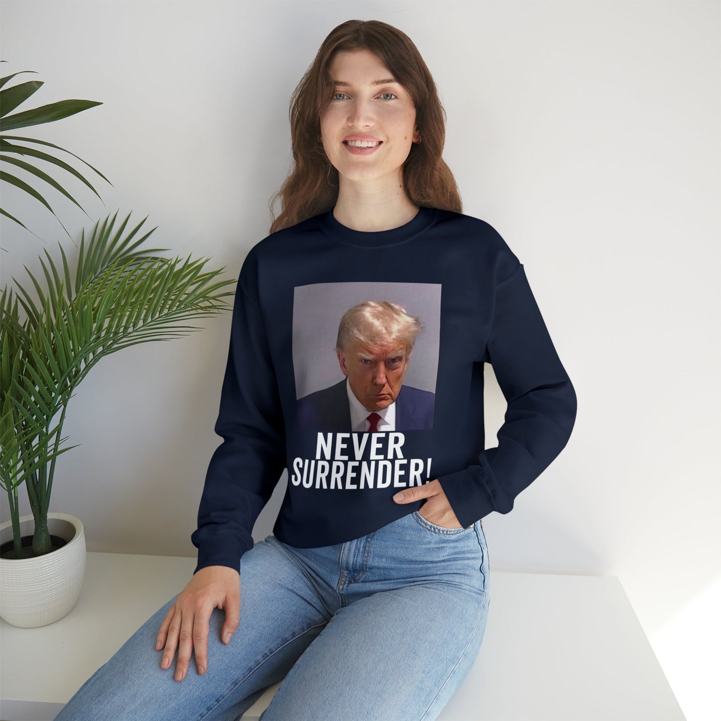 Never Surrender Trump Mugshot Sweatshirt - Georgia Trump Booking Photo Trump Sweatshirt Unisex Heavy Blend Crewneck Gildan - Trump Photo