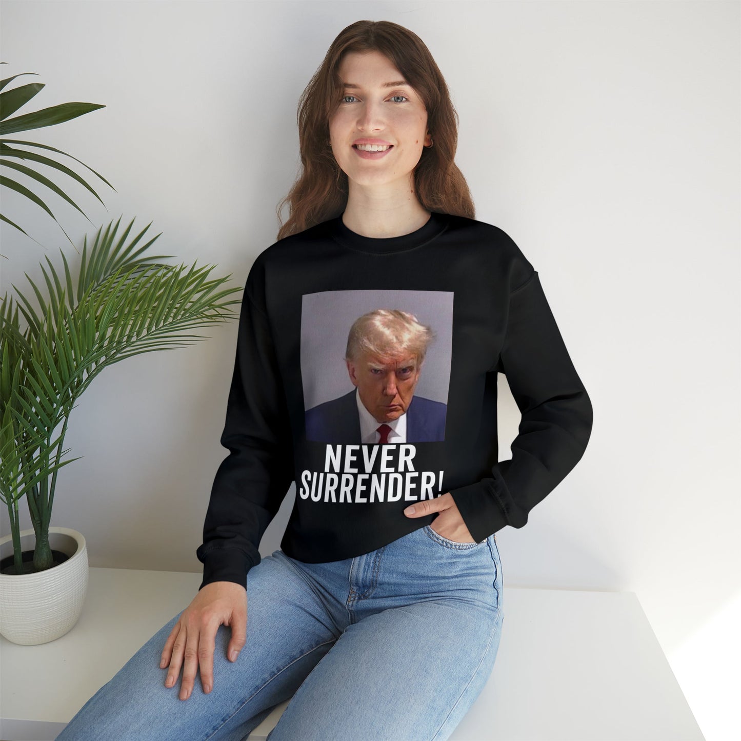 Never Surrender Trump Mugshot Sweatshirt - Georgia Trump Booking Photo Trump Sweatshirt Unisex Heavy Blend Crewneck Gildan - Trump Photo