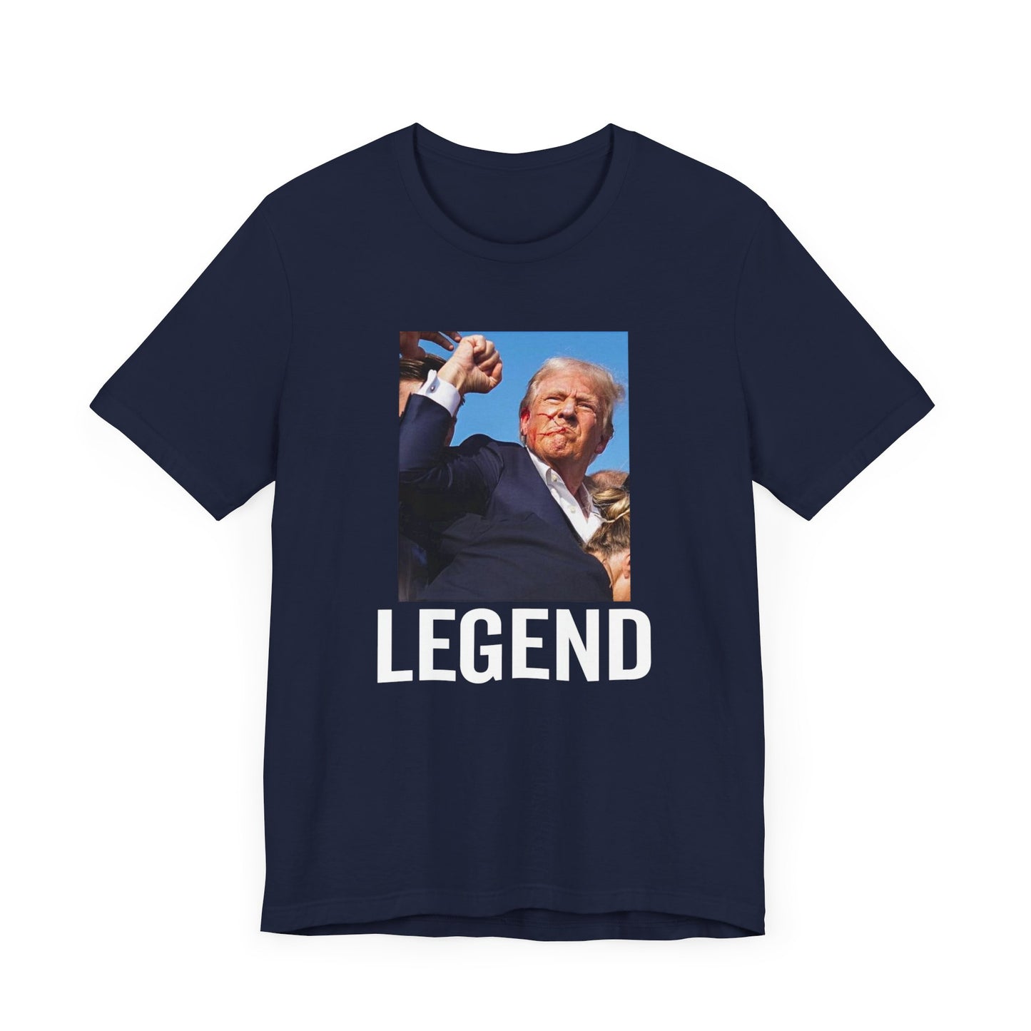 Trump the Legend 2024 Shot Picture Shirt Bella Canvas 3001 Unisex T-Shirt Vote Trump King Trump Fist Photo Pro Trump Never Surrender Shirt